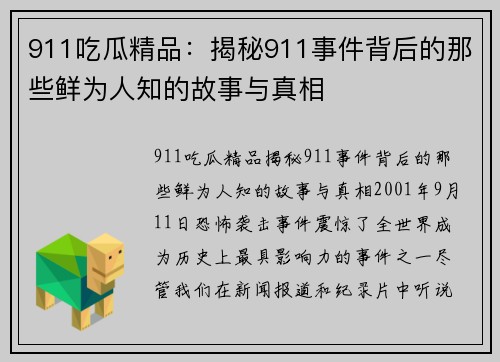 911吃瓜精品：揭秘911事件背后的那些鲜为人知的故事与真相